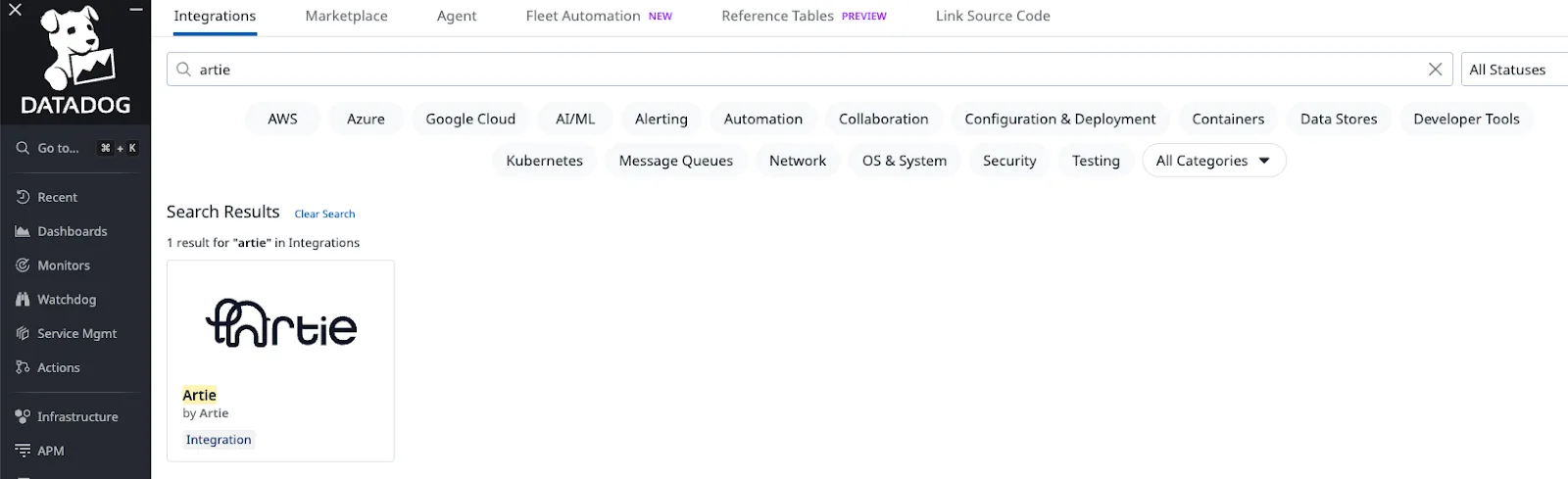 Datadog integrations page showing the Artie integration