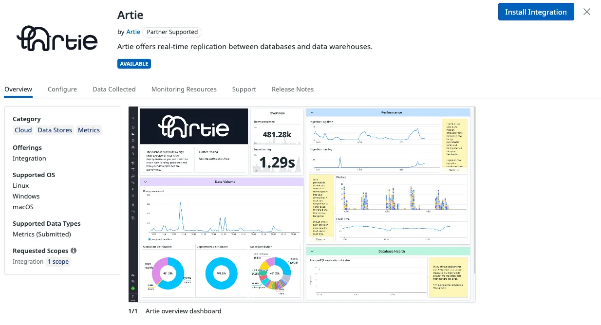 Datadog Artie integration installation screen