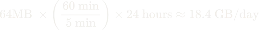 Calculation showing that a 64 MB WAL segment written every 5 minutes accumulates to approximately 18.4 GB of WAL data per day.